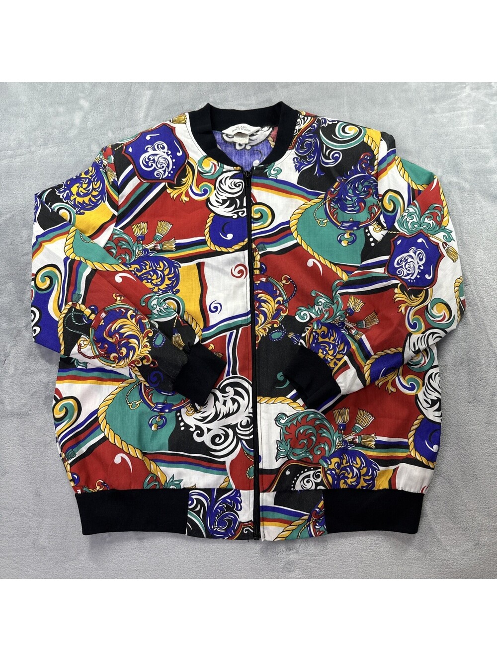 Blair Boutique Bomber Jacket Womens Large Red Multi Baroque Print Zip Up Vintage